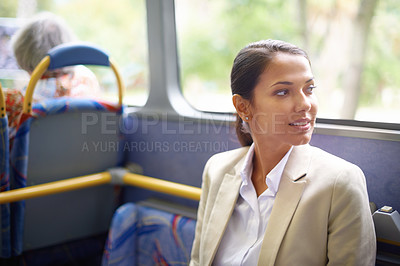 Buy stock photo Transport, travel and commute for business woman sitting on bus for journey and trip to work. Young person, passenger or patron with smile and thinking in suit on vehicle  for workplace or office 