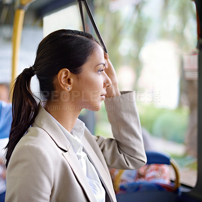Buy stock photo Woman, thinking and commute on public transportation or bus, journey and travel to work in city. Female person, profile and trip or transit on metro, traffic and passenger or standing in vehicle