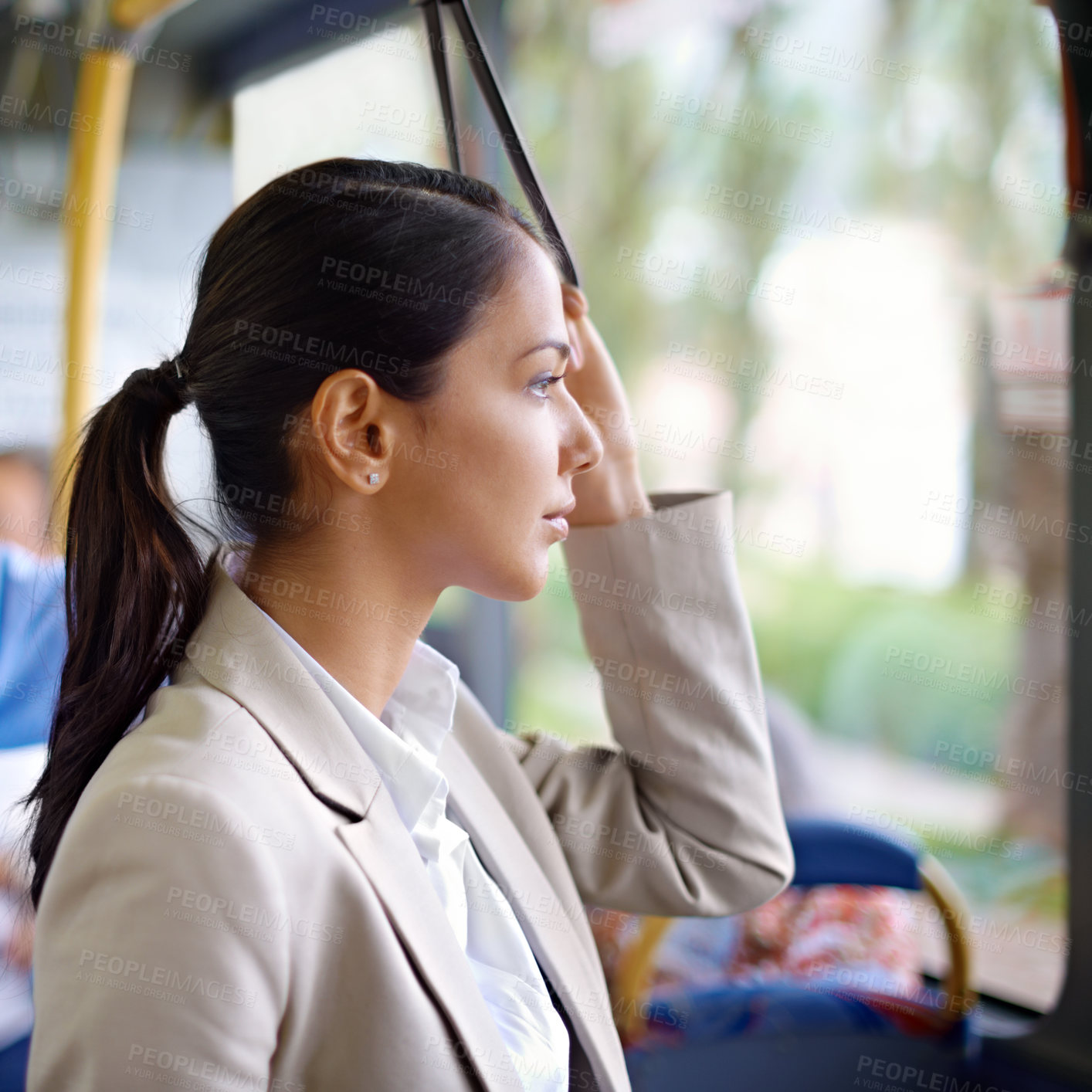Buy stock photo Woman, thinking and commute on public transportation or bus, journey and travel to work in city. Female person, profile and trip or transit on metro, traffic and passenger or standing in vehicle