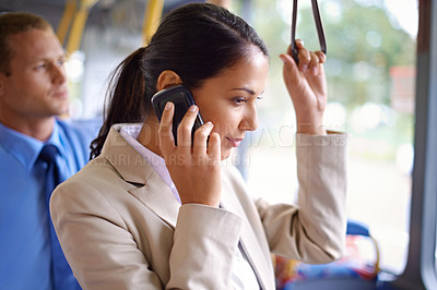 Buy stock photo Business woman, phone call and bus for travel, public transport and commute to work in urban city. Female person, professional and lawyer with cellphone, talking and listening in transit in London
