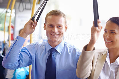 Buy stock photo People, businesspeople and passengers on bus for public transport, transit and commute with happiness in urban city. Business man, woman and coworkers together in shuttle vehicle to workplace