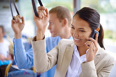 Buy stock photo Business people, transport and phone call on bus, smile and hand strap for urban commute. Technology, communicating and cellphone for entrepreneur, professional and employee and happy while traveling