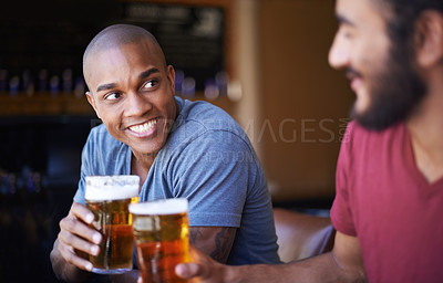 Buy stock photo Friends, man and happiness in pub with beer for happy hour, relax or social event with cheers. Diversity, people and drinking alcohol in restaurant or club with smile for bonding and celebration
