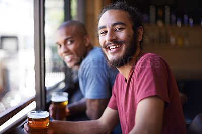 Buy stock photo Friends, beer and chill in portrait, smile and relax indoor for fun and bonding in summer to destress. Male people, pub and man for social, guys and alcohol drink together and laughing on weekend.