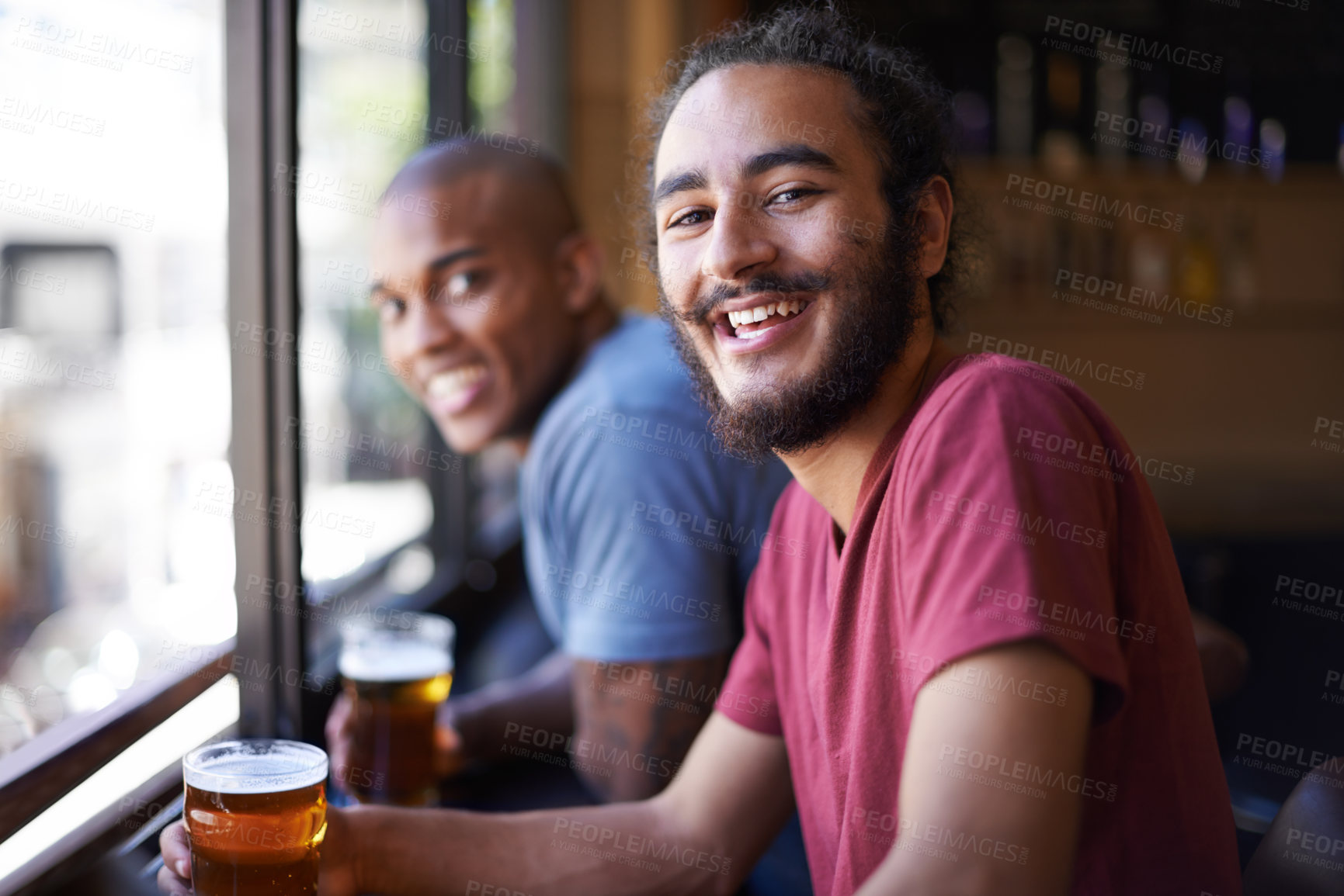 Buy stock photo Friends, beer and chill in portrait, smile and relax indoor for fun and bonding in summer to destress. Male people, pub and man for social, guys and alcohol drink together and laughing on weekend.