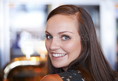 Buy stock photo Portrait, woman and smile in pub for celebration, party and social event to relax. Female person, positive and joyful in club or restaurant for drink, beer or alcohol and enjoying for happiness