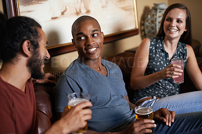 Buy stock photo Friends, beer and drinks at pub, smile and relax indoor for glass and bonding in summer to diverse. Male people, bar and chill for social, guys and alcohol together and laughing for fun and weekend.