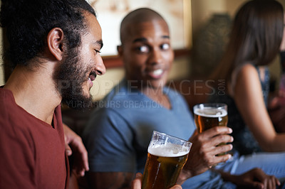 Buy stock photo Friends, beer and chill at pub, smile and relax indoor for conversation and bonding at night to celebrate. Male people, bar and happy for social, guys and alcohol together and laughing for fun.