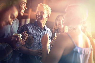 Buy stock photo Nightclub, friends and people with alcohol, cocktail and drinks for fun, social gathering and festive. Happy, relax and men and women with beer in bar together for weekend, celebration and holiday