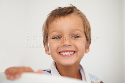 Buy stock photo Portrait, happy and healthy boy for dental care in home, oral hygiene and growth or development of milk teeth. Child, strong and face for white smile or clean mouth and good habits for fresh breath