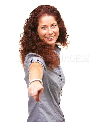 Buy stock photo Pointing, smile and portrait for woman in studio against white background for hand gesture and signal. Model, happy and isolated while posing with mockup with finger for direction, order and sign 