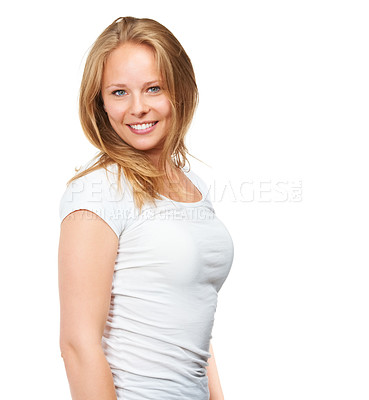 Buy stock photo Portrait, smile and happy woman in casual fashion with studio mockup, confidence and relax in positive attitude. Pride, cool style and natural face of student girl isolated on white background space