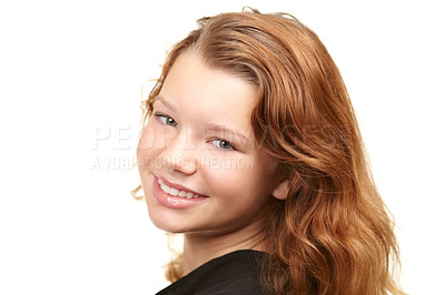 Buy stock photo Portrait, smile and teen girl with ginger in studio isolated on white background for youth confidence. Face, kids and red head with happy young child closeup for natural adolescent development