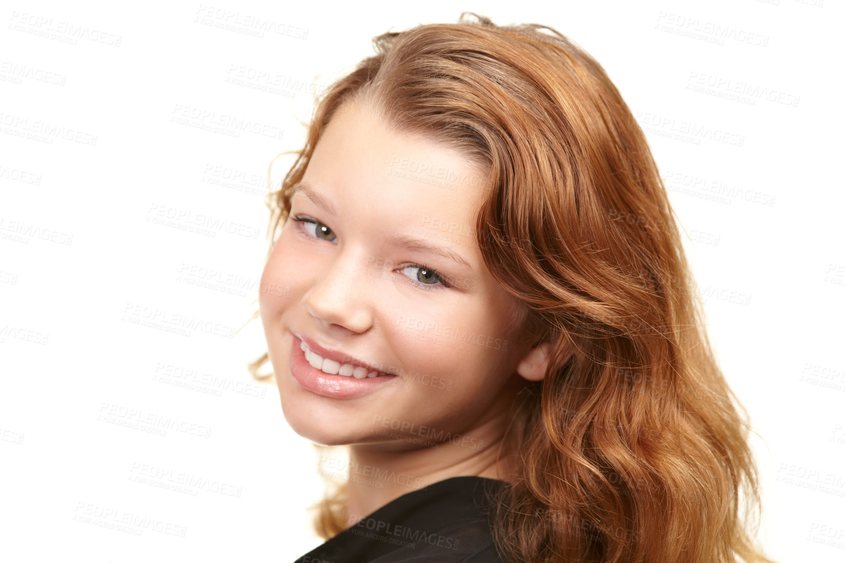 Buy stock photo Portrait, smile and teen girl with ginger in studio isolated on white background for youth confidence. Face, kids and red head with happy young child closeup for natural adolescent development