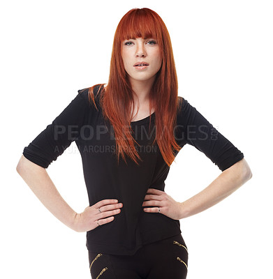 Buy stock photo Portrait, confidence and serious woman in casual fashion with redhead, relax and university student in studio. Pride, cool style and face of college girl from Ireland isolated on white background.