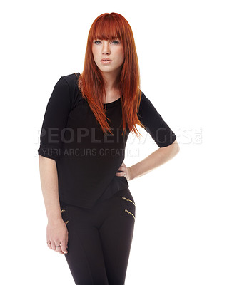 Buy stock photo Hair, fashion and portrait for women in studio against white background and mockup for salon, style and cosmetic. Model, isolated and ginger with confidence for healthy texture with keratin treatment
