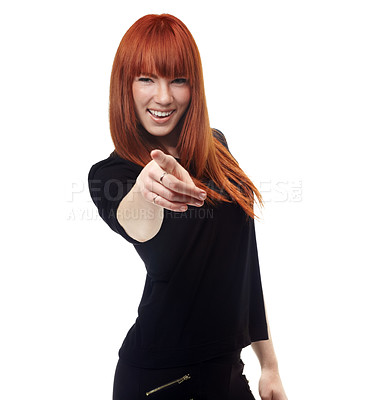 Buy stock photo Portrait, choice and pointing with a ginger woman in studio isolated on a white background for motivation. Smile, accountability and hand gesture with a happy young female person making a decision