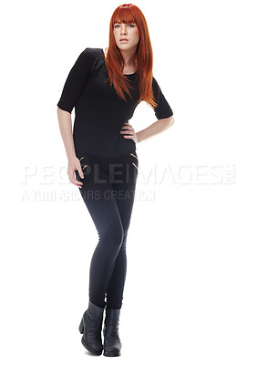 Buy stock photo Portrait, confidence and woman in casual fashion with trendy clothes, redhead and university student in studio. Pride, cool style and body of college girl from Ireland isolated on white background.