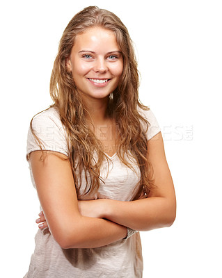 Buy stock photo Portrait, teen and woman in casual fashion with smile, confidence and relax for student in studio. Pride, cool style and happy face of teenager girl with arms crossed isolated on white background.