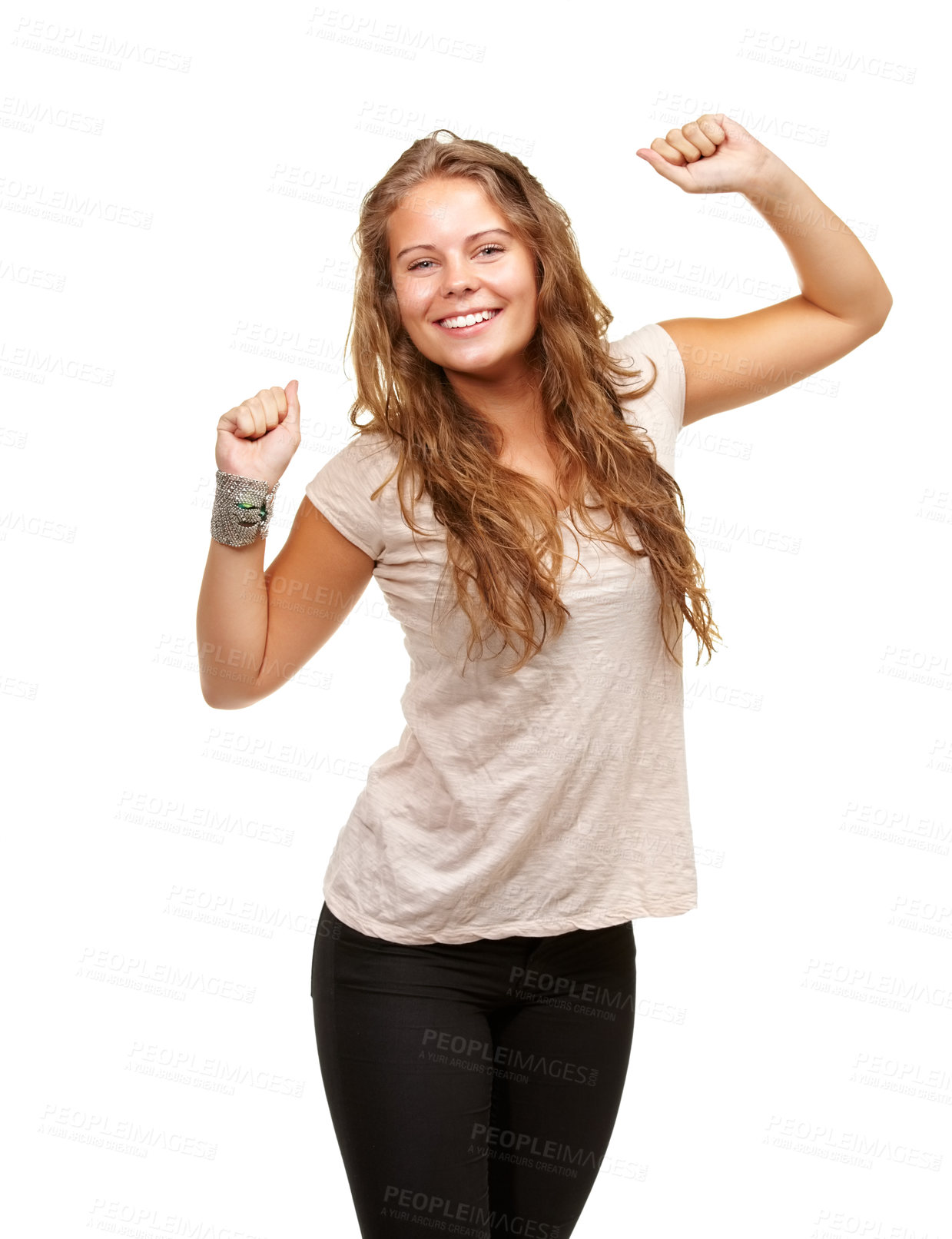 Buy stock photo Portrait, smile and success with woman in celebration at studio isolated on white background. Wow, motivation and winner with happy young model person cheering for achievement, goals or target