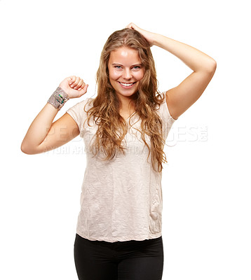 Buy stock photo Portrait, happy and woman in casual fashion with confidence and university student in studio. Smile, relax style and natural face of gen z girl with positive attitude isolated on white background.