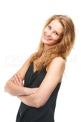 Buy stock photo Woman, fashion and smile with arms crossed in studio portrait for pride, confidence or cool by white background. Girl, person or model for trendy style, happy or positive for casual outfit in Ireland