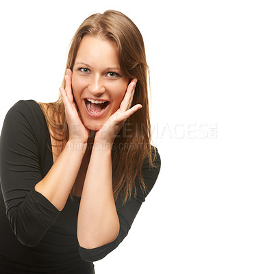 Buy stock photo Wow, surprise and hands on face of woman in studio excited for news, mockup or offer on white background. omg, portrait and female model with emoji reaction to competition, results or prize giveaway
