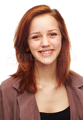 Buy stock photo Happy woman, portrait and ginger with natural beauty or hairstyle on a white studio background. Face of cheerful female person, redhead or young lady model with smile in casual clothing or haircare