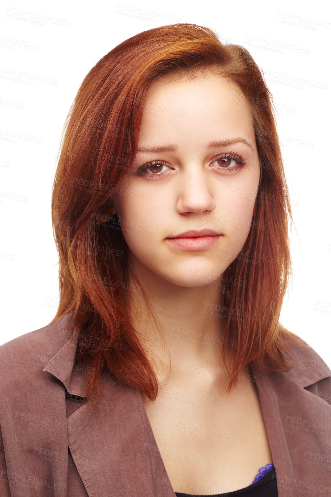 Buy stock photo Portrait, beauty and ginger hair with woman in studio isolated on white background for natural cosmetics. Face, skincare or haircare with confident young model at salon or hairdresser for treatment