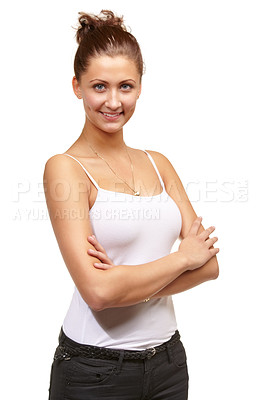 Buy stock photo Portrait, confident or woman for university, fashion and aesthetic for casual designer outfit. Gen z, female student or arms crossed in confident, boutique and jewelry for clothes on white background