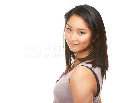 Buy stock photo Happy, asian woman and portrait with natural beauty or haircare on a white studio background. Face of attractive female person or young model with smile in fashion or casual clothing on mockup space