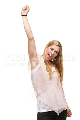 Buy stock photo Woman, goals and fist for portrait in studio with success, winner or happy by white background. Person, girl and smile for celebration, cheers or excited for achievement, giveaway or prize in contest