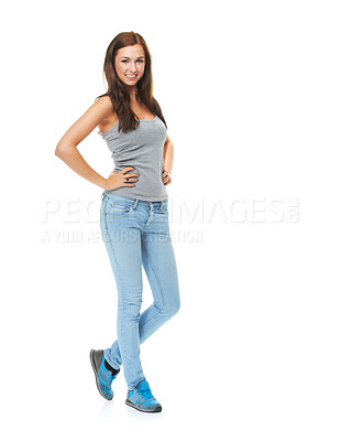 Buy stock photo Woman, confidence and portrait with fashion in studio, white background and mockup with happiness. Casual, style or person with sneakers in trendy clothes for university, college or streetwear