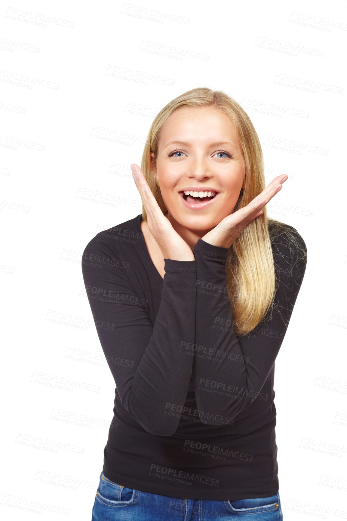 Buy stock photo Woman, smile and excited in studio for portrait with hands by face for fashion, style and confidence. Girl, person and model by white background with trendy clothes, wow or happy for outfit in Berlin