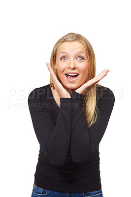 Buy stock photo Portrait, woman and happy surprise in studio, reaction and facial expression for news or announcement. Winner, wow for success and hands frame face, shock and OMG for achievement on white background