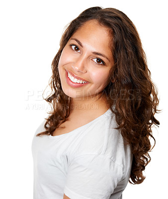Buy stock photo Portrait, female student and smile in studio, fashion and happy on white background. Confident, stylish or trendy with curly hair, Mexican woman and education at university and friendly expression