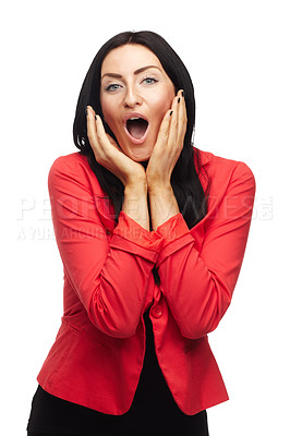 Buy stock photo Portrait, woman with surprise or shock in studio, reaction and facial expression for news or announcement. Winner with open mouth, OMG and hands on face for success or achievement on white background