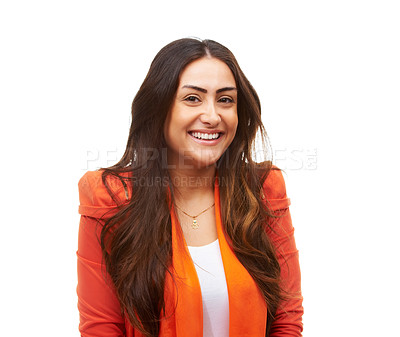 Buy stock photo Happy journalist, portrait and confident professional in studio and excited in job by white background. Egypt lady, smile face or commitment in writing career with trendy style or elegant in mockup