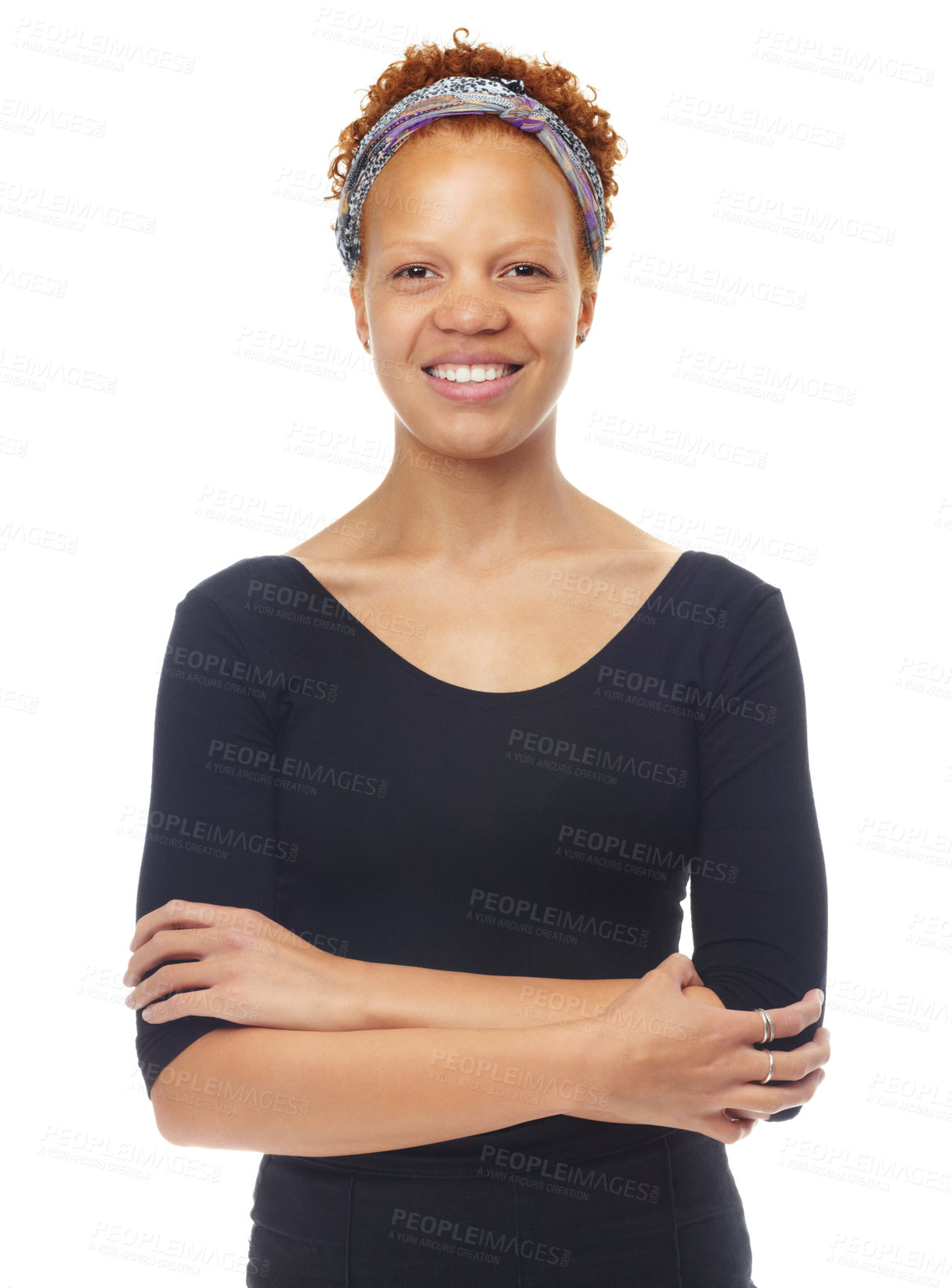 Buy stock photo Studio, portrait and woman in fashion with arms crossed for confidence and pride in white background. Casual, outfit and creative girl with style for work as artist or designer with happiness