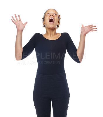 Buy stock photo Woman, shouting for surprise or shock in studio, loud or voice with expression for announcement or news. Winner with open mouth, hands and OMG for success or achievement isolated on white background