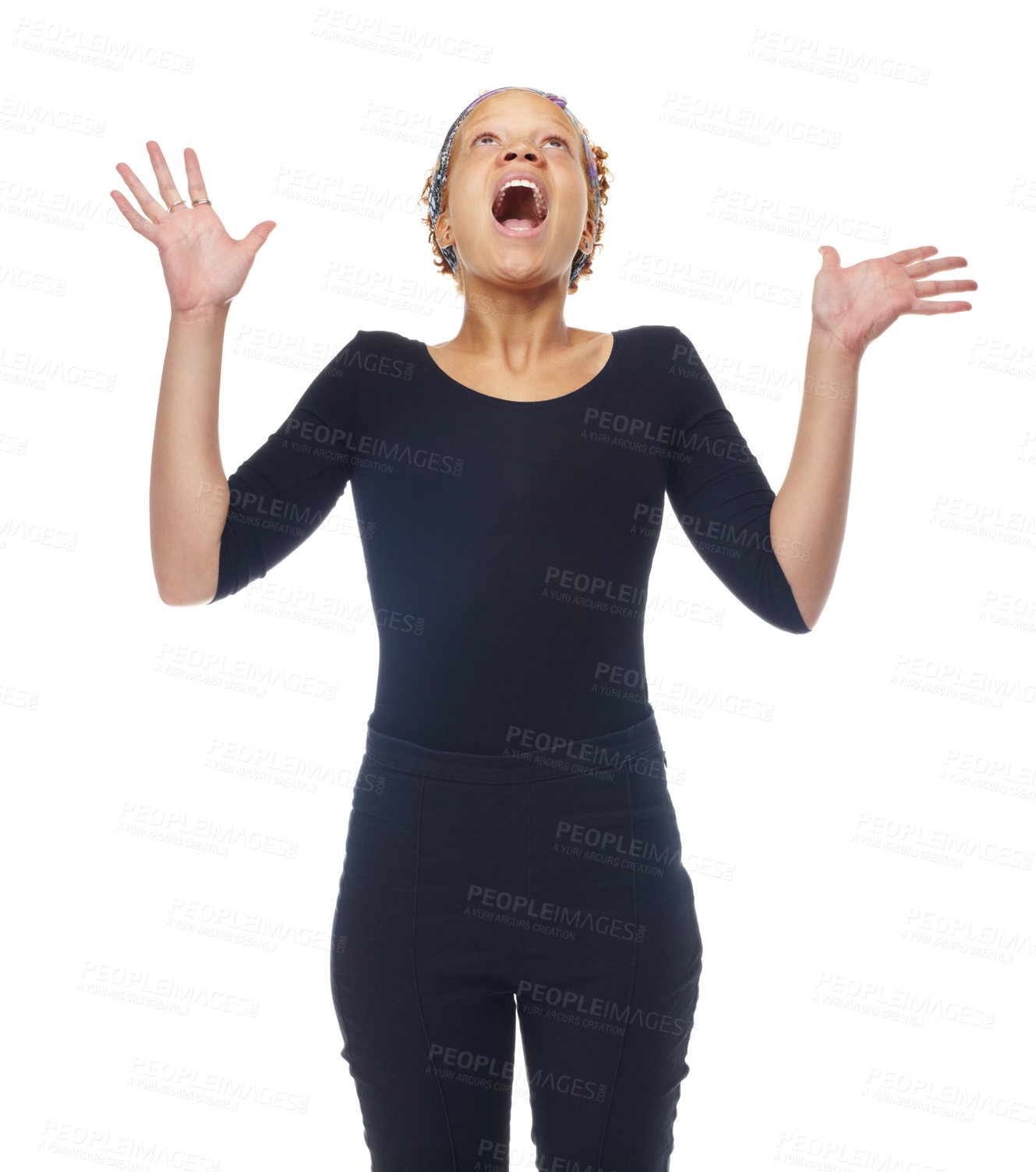 Buy stock photo Woman, shouting for surprise or shock in studio, loud or voice with expression for announcement or news. Winner with open mouth, hands and OMG for success or achievement isolated on white background