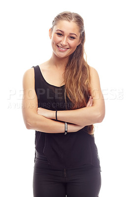 Buy stock photo Studio shot of an attractive woman posing against a white background