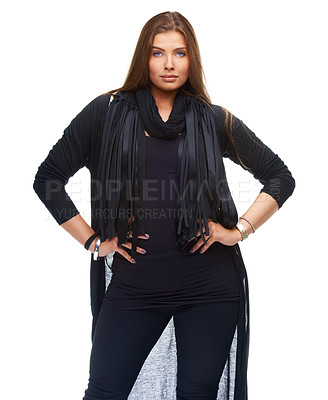 Buy stock photo Portrait, woman and confident for fashion in studio with isolated white background for elegant, modern and trendy clothing. Serious, face and female model from Canada for edgy, stylish and pride.