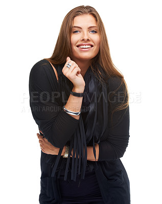 Buy stock photo Fashion, woman and portrait for natural, confidence and positivity in studio with white background. Happiness, proud and face of female person from Canada for modern, casual and trendy clothing.