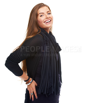 Buy stock photo Woman, fashion and smile for portrait of trendy style, elegant clothing and positivity in studio with white background. Happiness, pride and face of model for confidence, success and satisfaction.