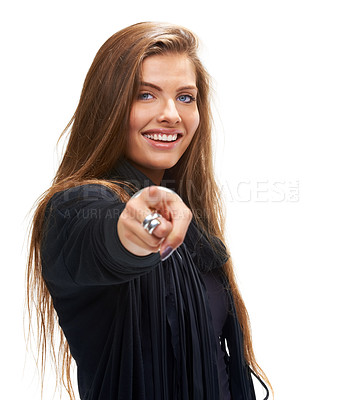 Buy stock photo Woman, studio and point at you for hiring with portrait, recruitment and vote by white background. Person, hr manager and sign language with like for onboarding, decision and call to action in Italy