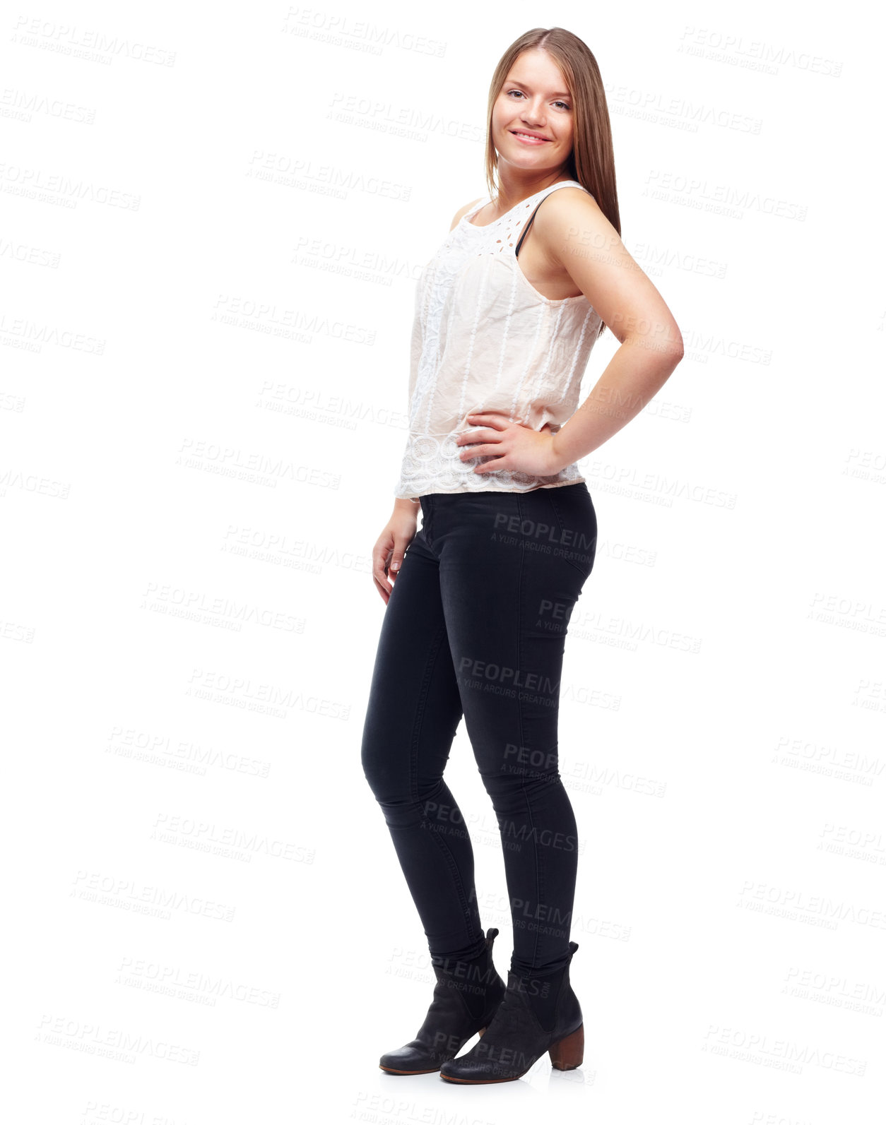 Buy stock photo Happy woman, portrait and pride for style in studio, casual fashion and confident on white background. Female person, smile and mockup space for gen z culture, university student and designer clothes