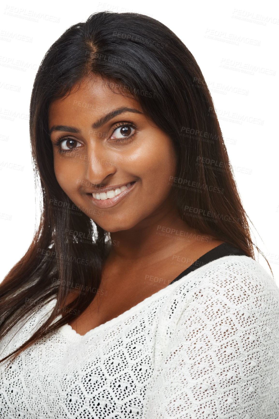 Buy stock photo Portrait, Indian woman and smile in studio, fashion and isolated on white background. Confidence, happy and contemporary style for female model, natural beauty and trendy outfit for lady from Mumbai