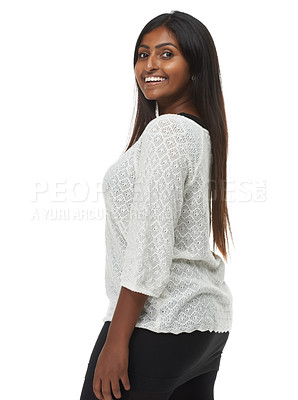 Buy stock photo Portrait, Indian woman and smile in studio, fashion and casual wear on white background. Confidence, happy and contemporary style for gen z female model, trendy outfit and clothing for Mumbai lady
