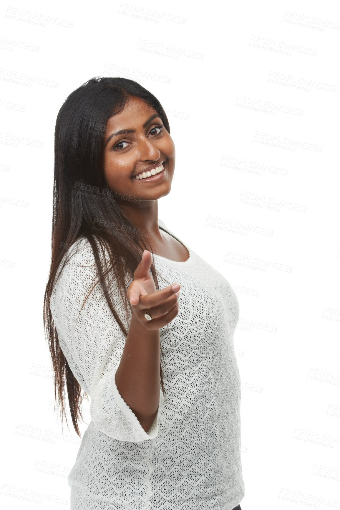 Buy stock photo Woman, studio and happy to point at you in portrait, recruitment or choice by white background. Indian person, hr manager and smile for decision for onboarding with fashion, hiring or call to action